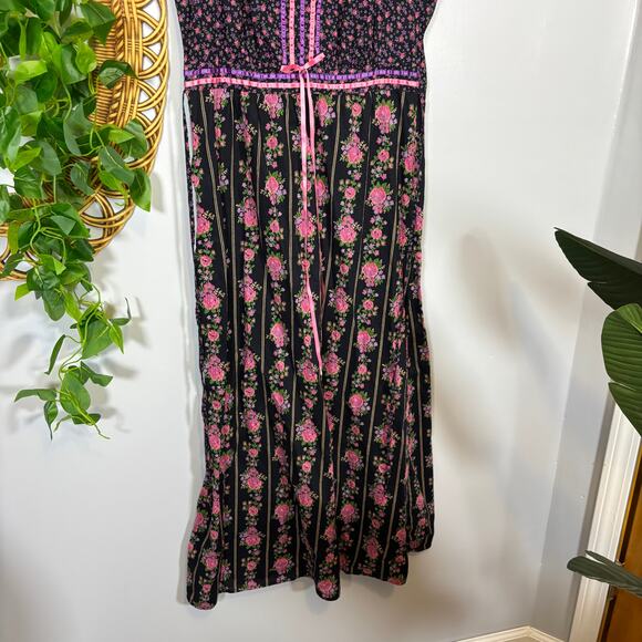 Handmade Black Pink Floral Prairie Maxi Dress Rickrack Cottagecore Dark Winter - Picture 8 of 8